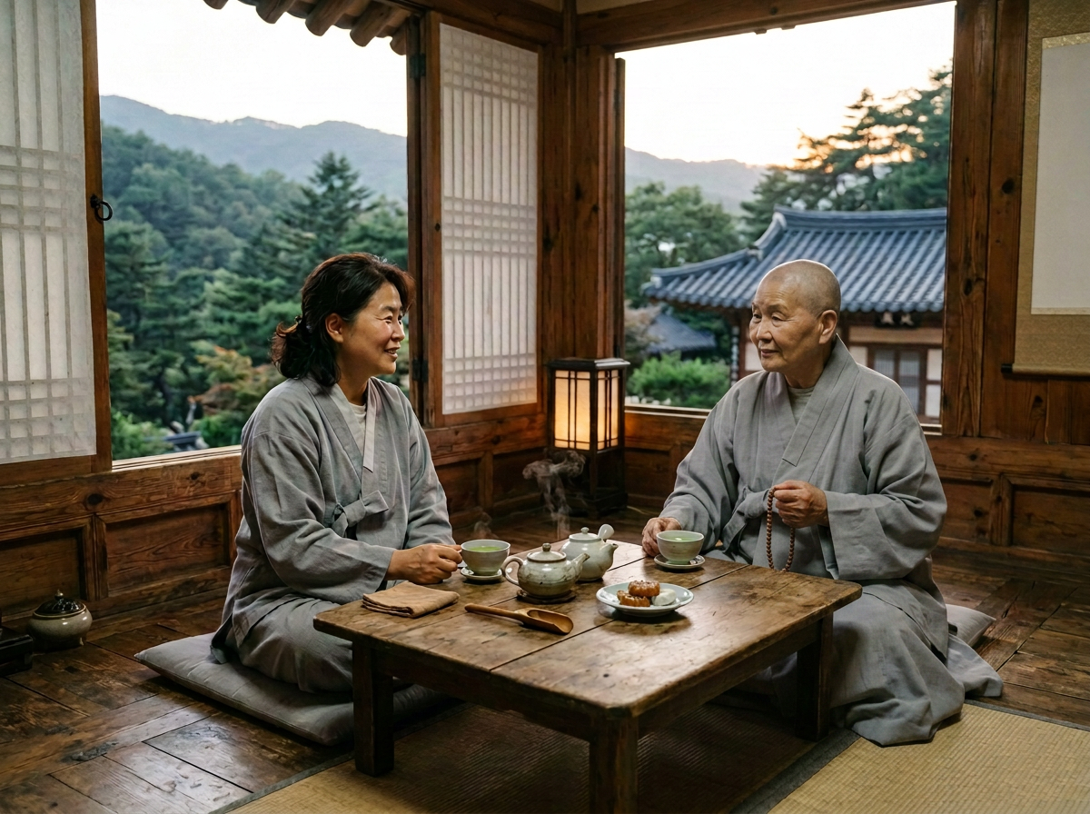 Woman and Buddhist monk sharing tea in a traditional wooden room